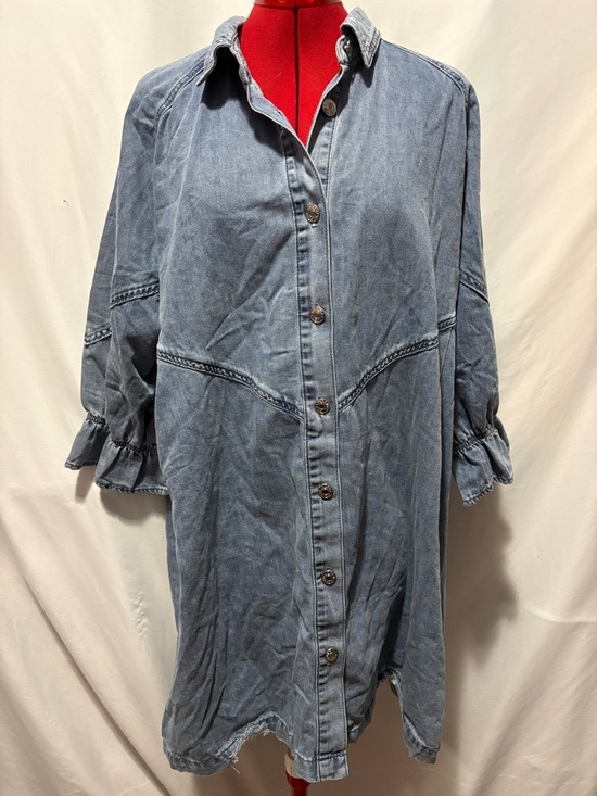 None Dresses & Skirts - Washed Blue Denim Button-Front Long Sleeve Dress